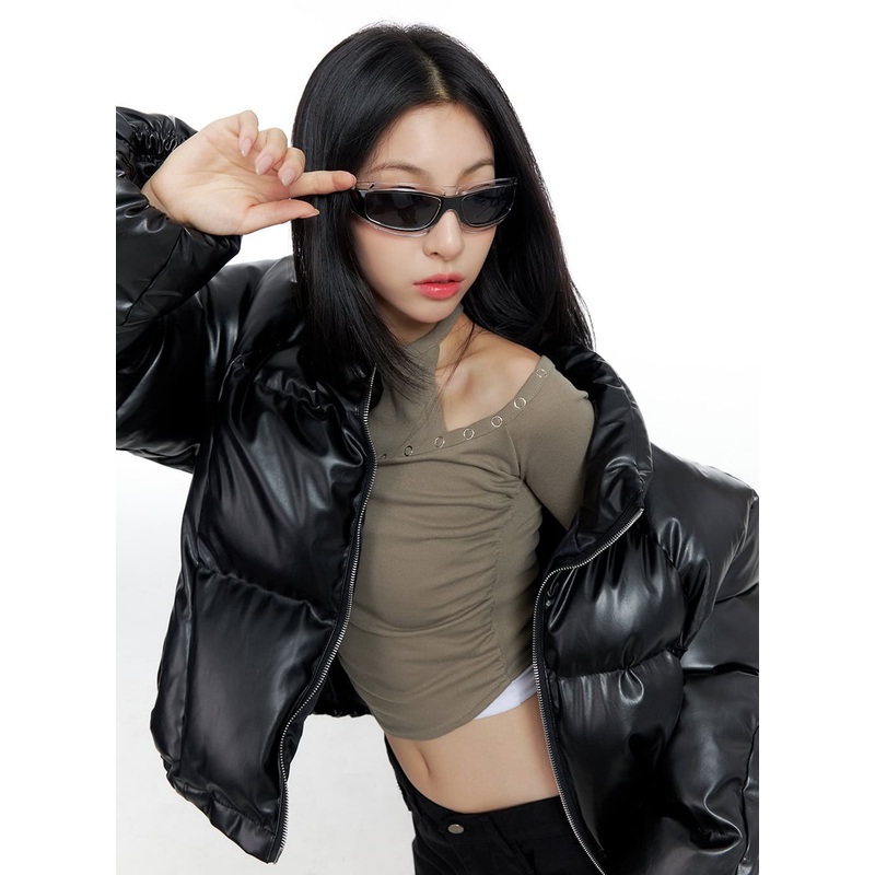 Faux Leather Puffer Jacket CO425 Black M/L