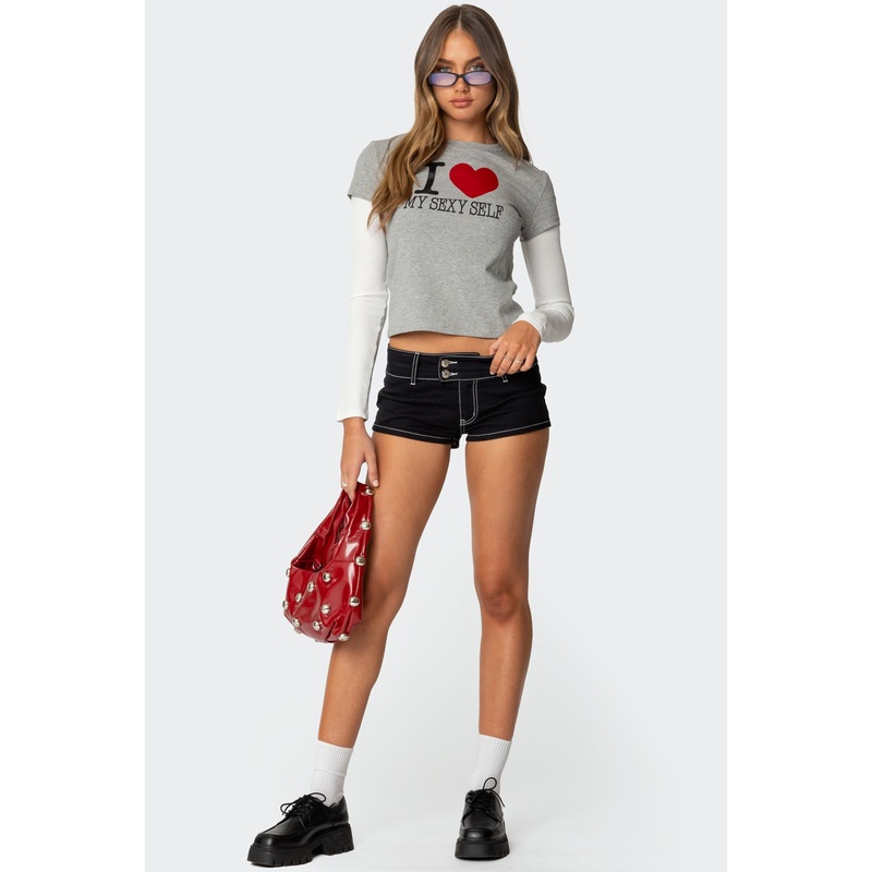 I Heart Me Layered Long Sleeve T Shirt GRAY MELANGE XS