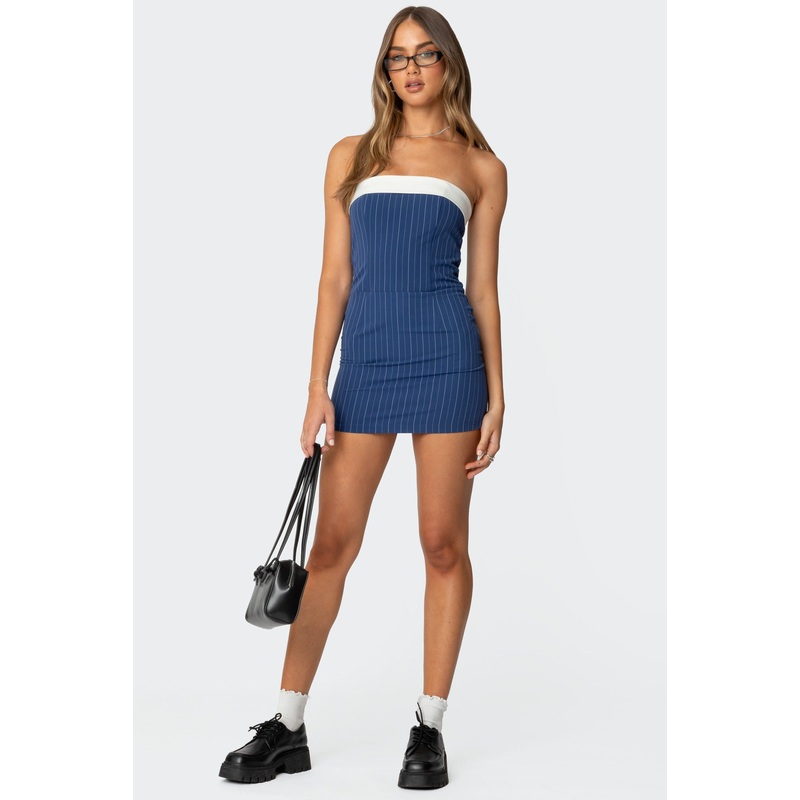 Nori Pinstripe Fold Over Dress BLUE XS