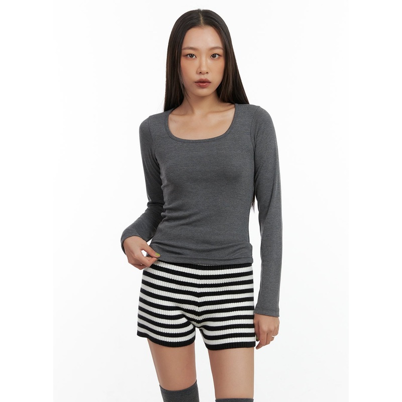 Solid Square-Neck Long-Sleeve Top CO424 Dark gray S/M