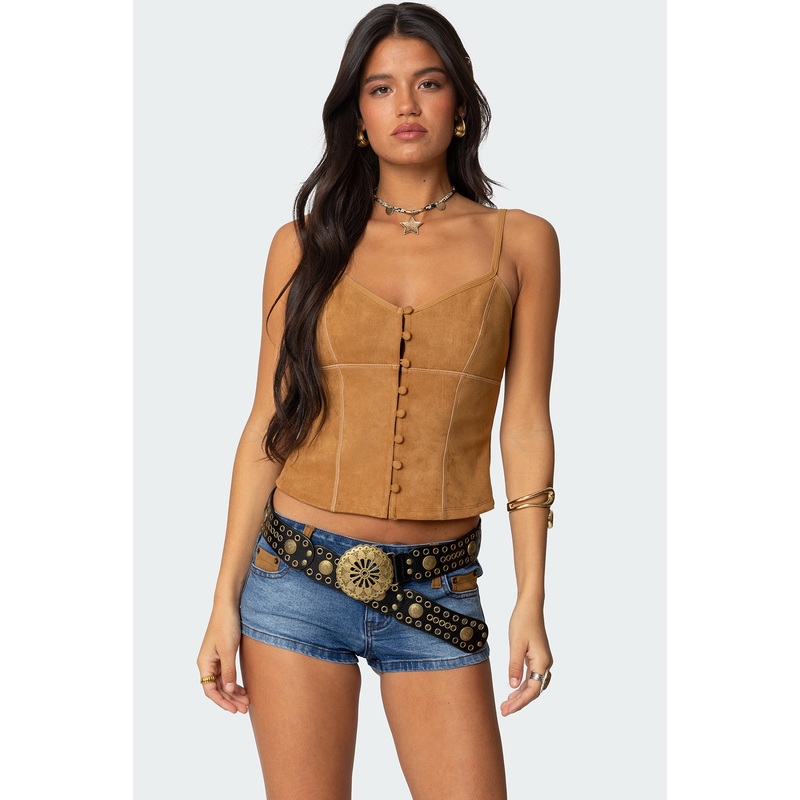 Tori Faux Suede Button Up Top TAN XS