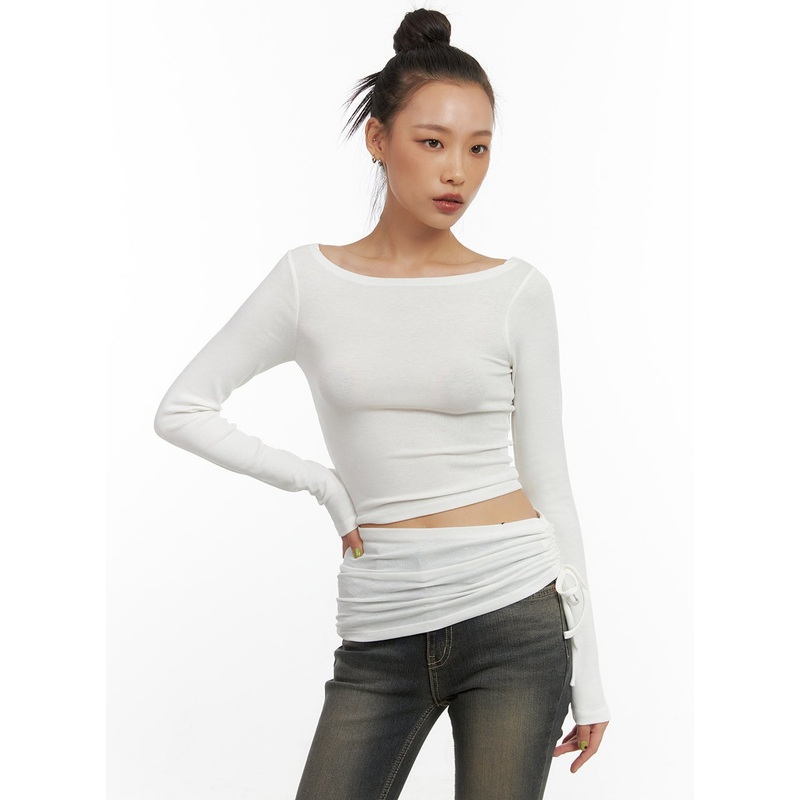 Unbalanced Shirring Long-Sleeve Top CO424 White S/M
