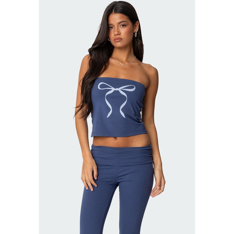 Aiyana Bow Built In Bra Tube Top BLUE XS