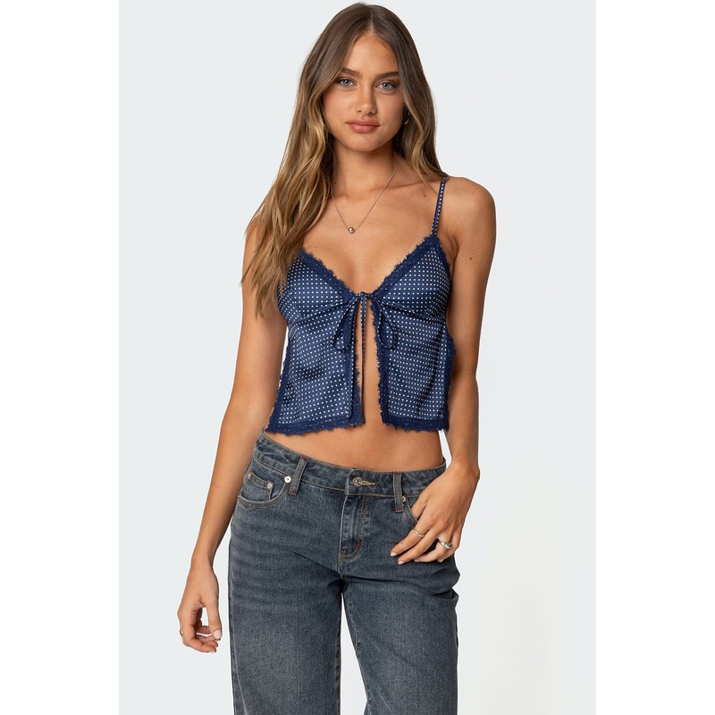 Backless Satin Effect Polka Dot Top NAVY XS