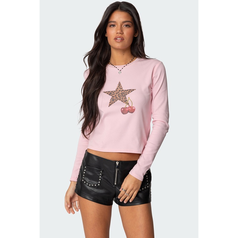 Cherry Leopard Star Long Sleeve T Shirt PINK XS