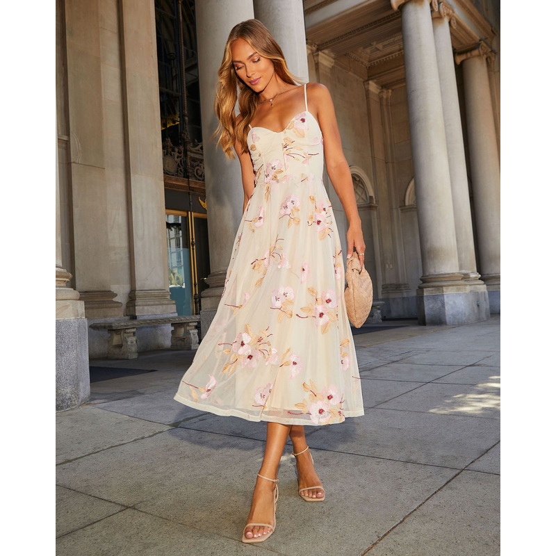 Darling Daisy Embroidered Floral Midi Dress Ivory/Pink Multi XS