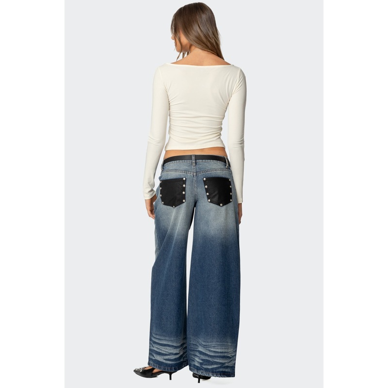 Faux Leather Pocket Low Rise Jeans BLUE XS