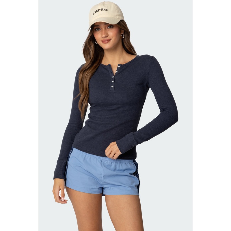 Helaine Waffle Henley T Shirt DARK BLUE XS