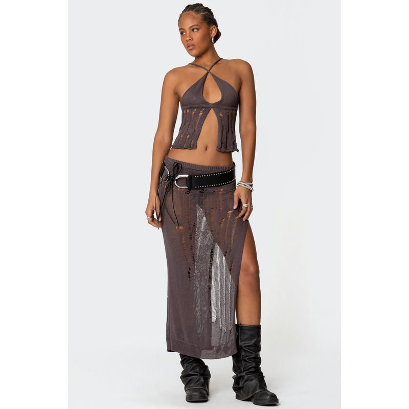 Jaynie Distressed Knit Maxi Skirt BROWN XS