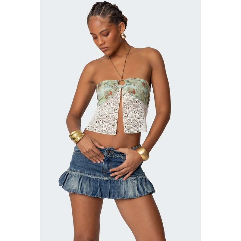 Kloe Backless Crochet Split Front Top GREEN XS