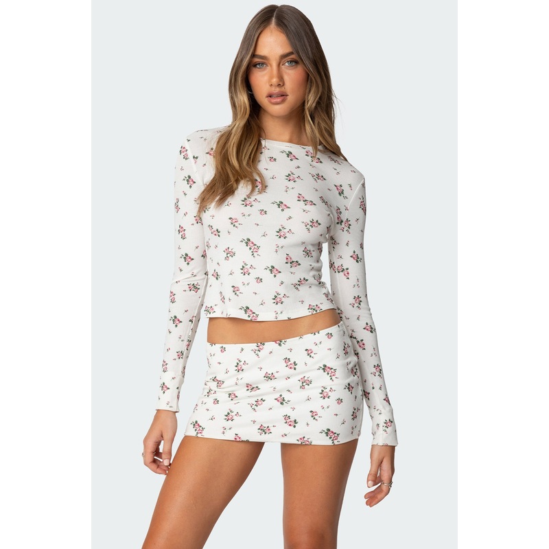 Melany Floral Waffle T Shirt CREAM XS