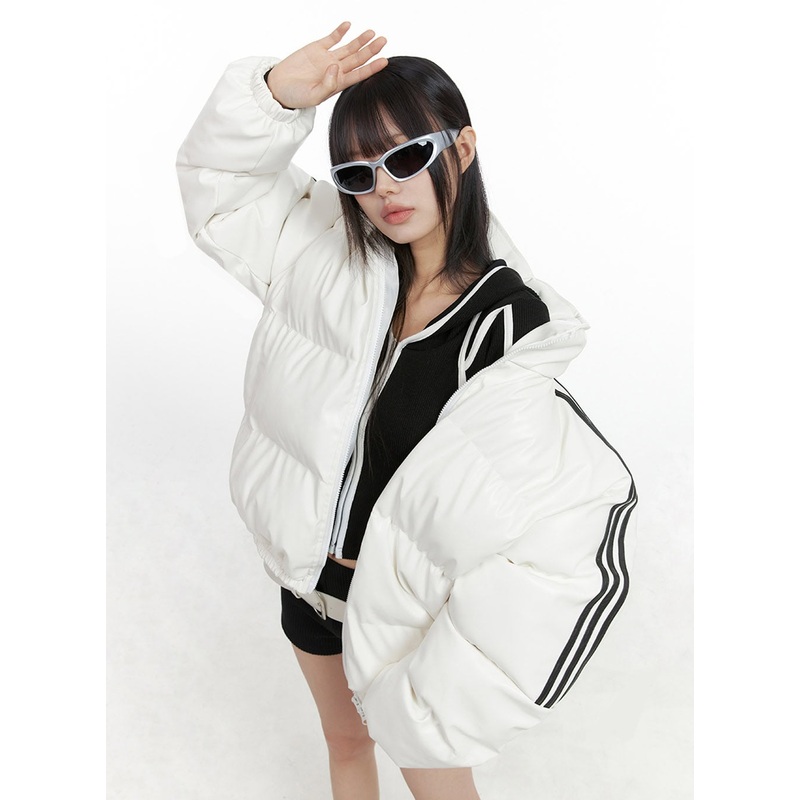 Oversized Stripe Leather Padded Coat IO430 White M/L