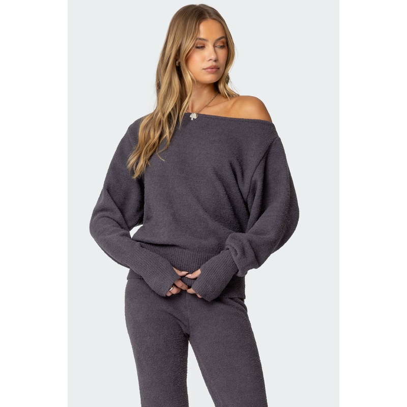 Plush Oversized Asymmetric Sweater DARK GRAY XS