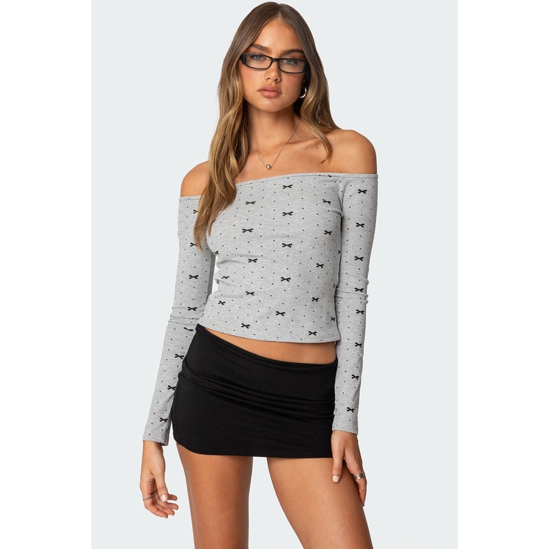 Ryna Bows & Dots Off Shoulder Top GRAY MELANGE XS
