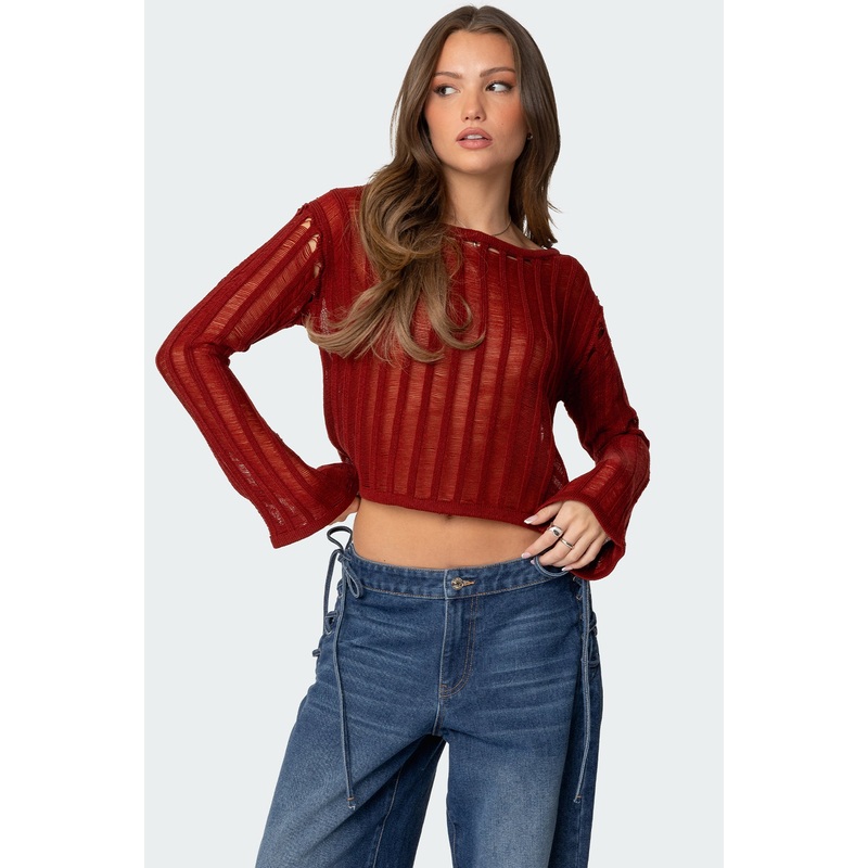Sagir Sheer Ladder Knit Top BURGUNDY XS
