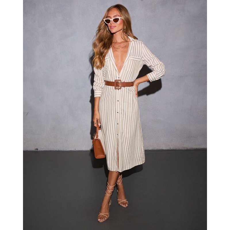 Santos Belted Midi Shirt Dress Brown Multi XS