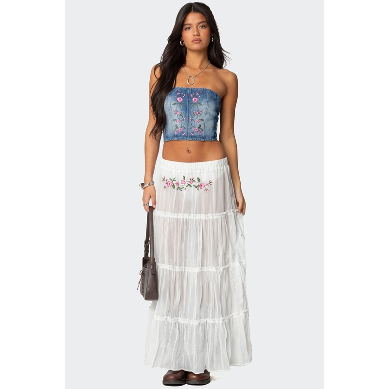 Tai Embroidered Tiered Maxi Skirt WHITE XS