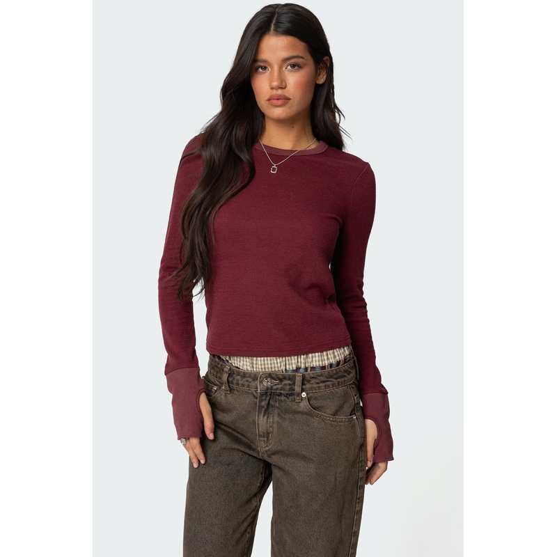 Waffle Long Sleeve T Shirt BURGUNDY XS