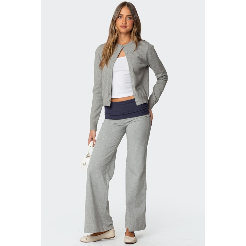 Wide Leg Contrast Fold Over Pants GRAY MELANGE XS