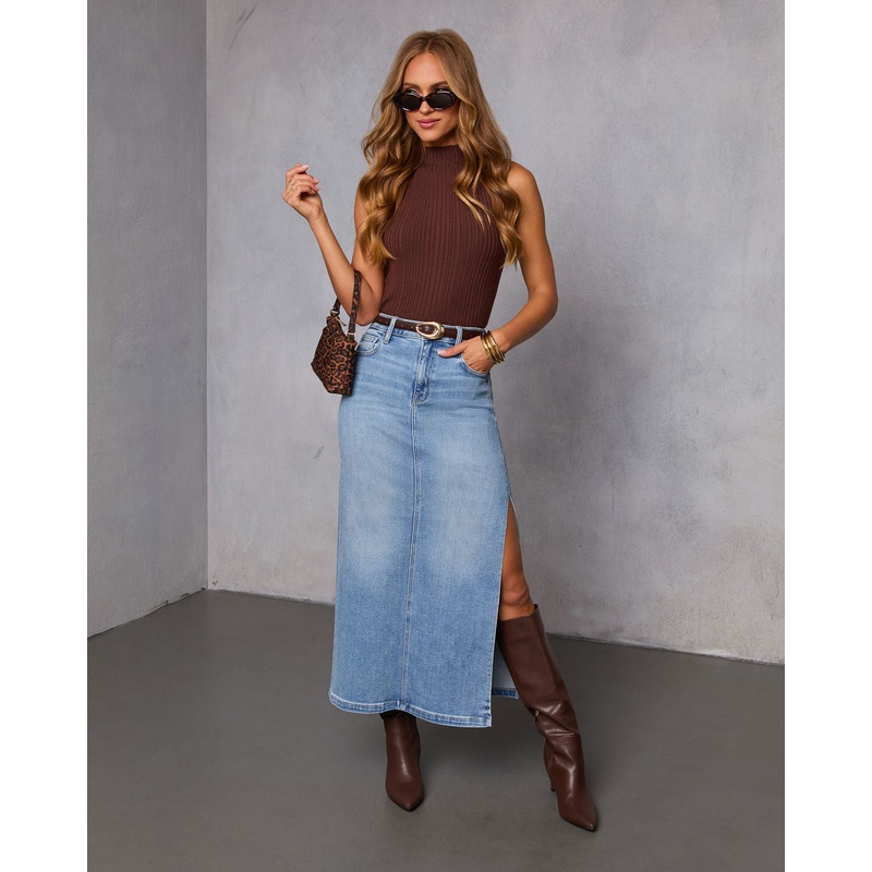Chic Side Slit Denim Midi Skirt Light Wash XS