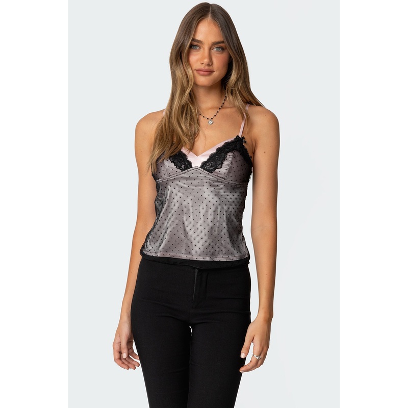 Janie Layered Polka Dot Mesh Top BLACK XS