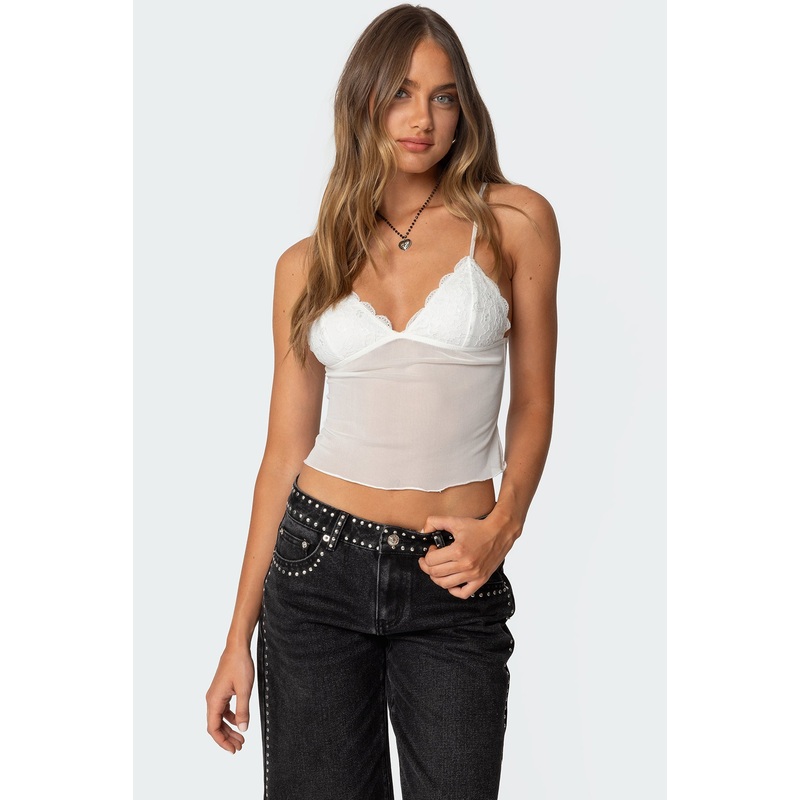 Malika Lacey Sheer Mesh Tank Top WHITE XS