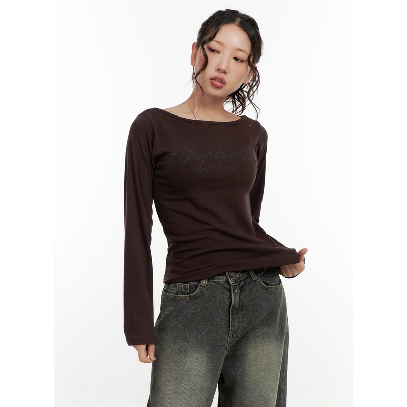 Printed Boat Neck Long Sleeve Shirt CN404 Dark brown S/M