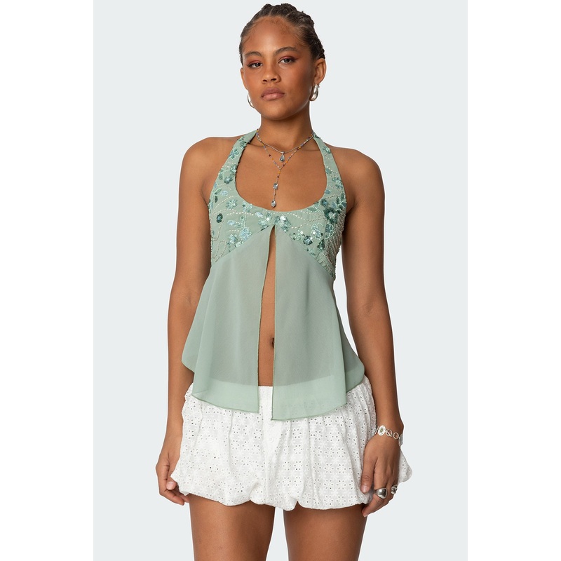 Sequin Chiffon Split Front Top SAGE XS