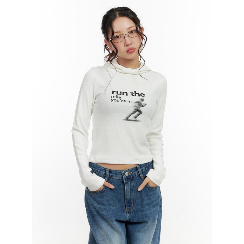 Slim Fit Graphic Hooded Long Sleeve Top CN401 Light beige S/M