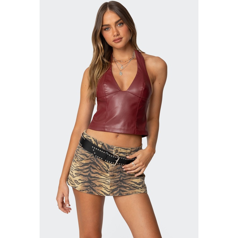 Tana Faux Leather Halter Top BURGUNDY XS