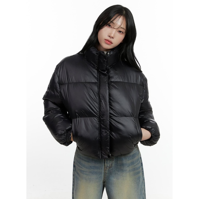 Glossy Crop Puffer Jacket CN407 Black S/M