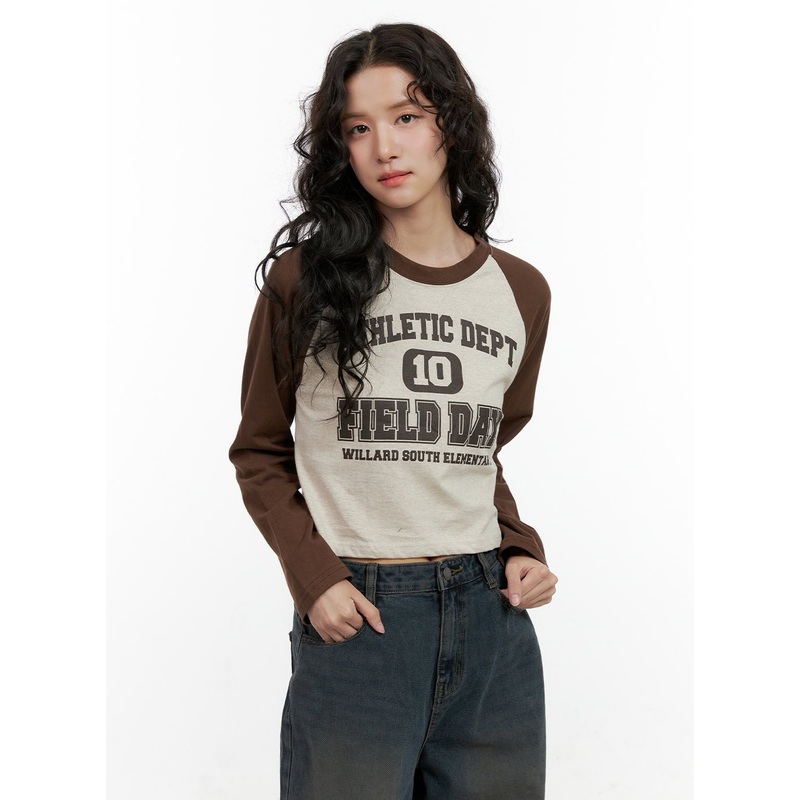 Long-Sleeve Raglan Printed Top ON404 Brown S/M