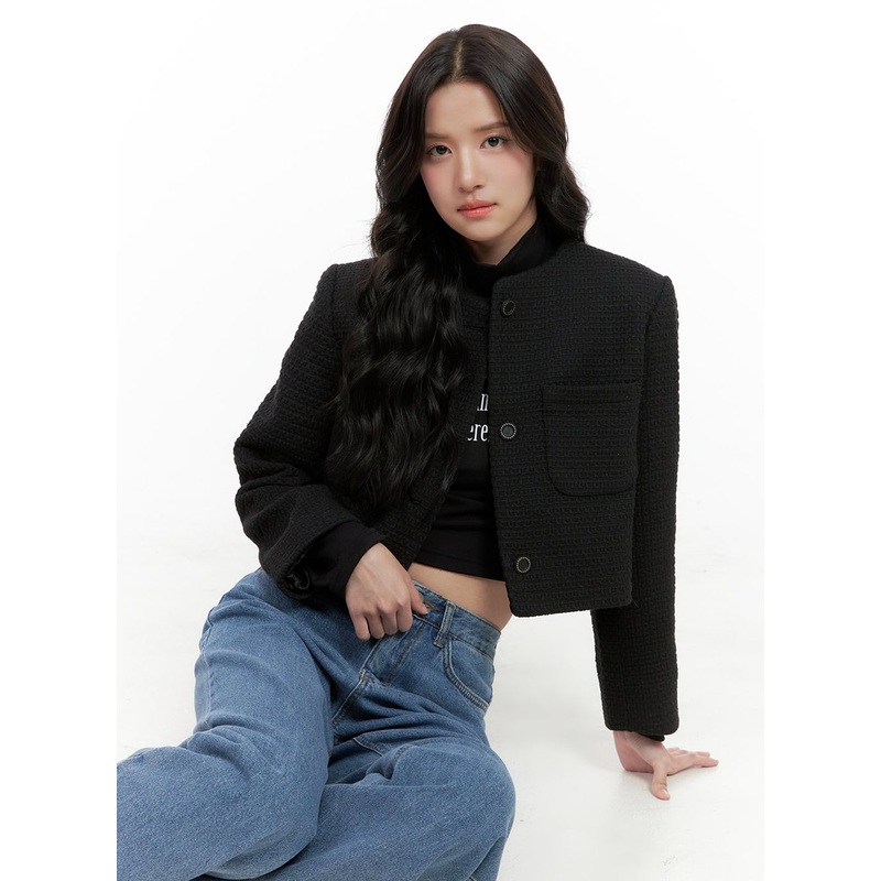 Tweed Buttoned Crop Jacket ON404 Black S/M