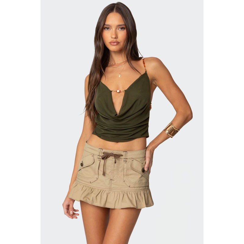 Beaded Deep Cowl Neck Backless Top GREEN XS