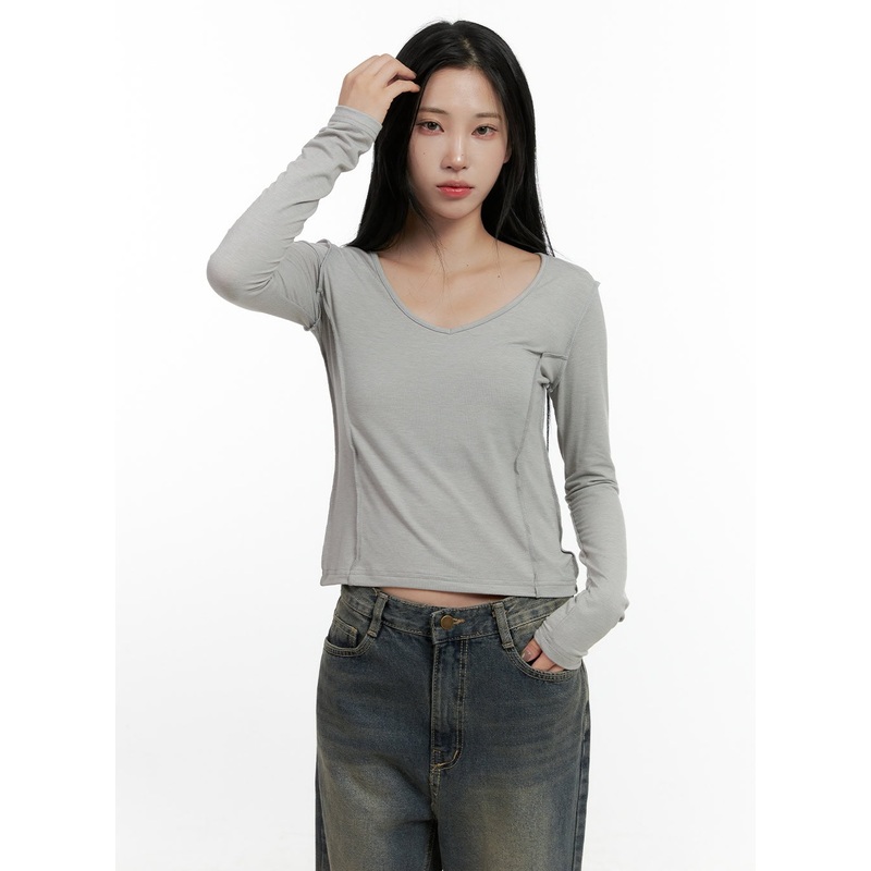 Stitched V-Neck Long Sleeve Top CN407 Gray S/M