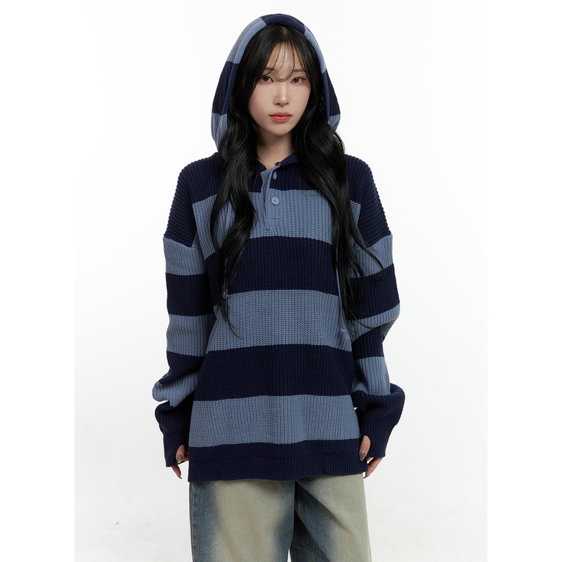 Buttoned Stripe Hoodie Sweater CN408 Light blue M/L