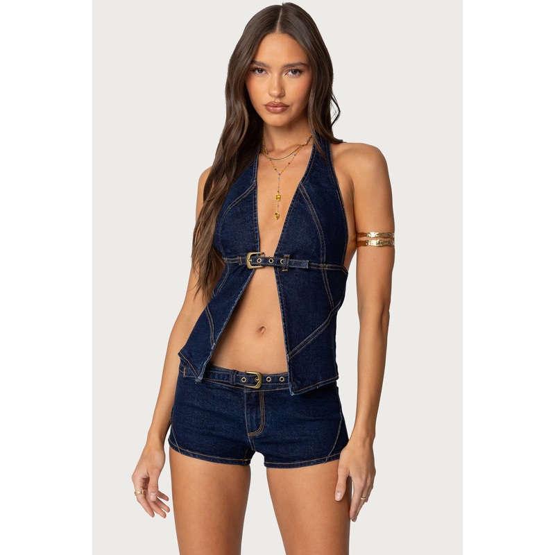 Ciel Split Front Denim Halter Top DARK BLUE XS