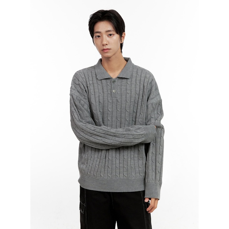 Men’s Cable Knit Buttoned Sweater IN411 Gray M/L