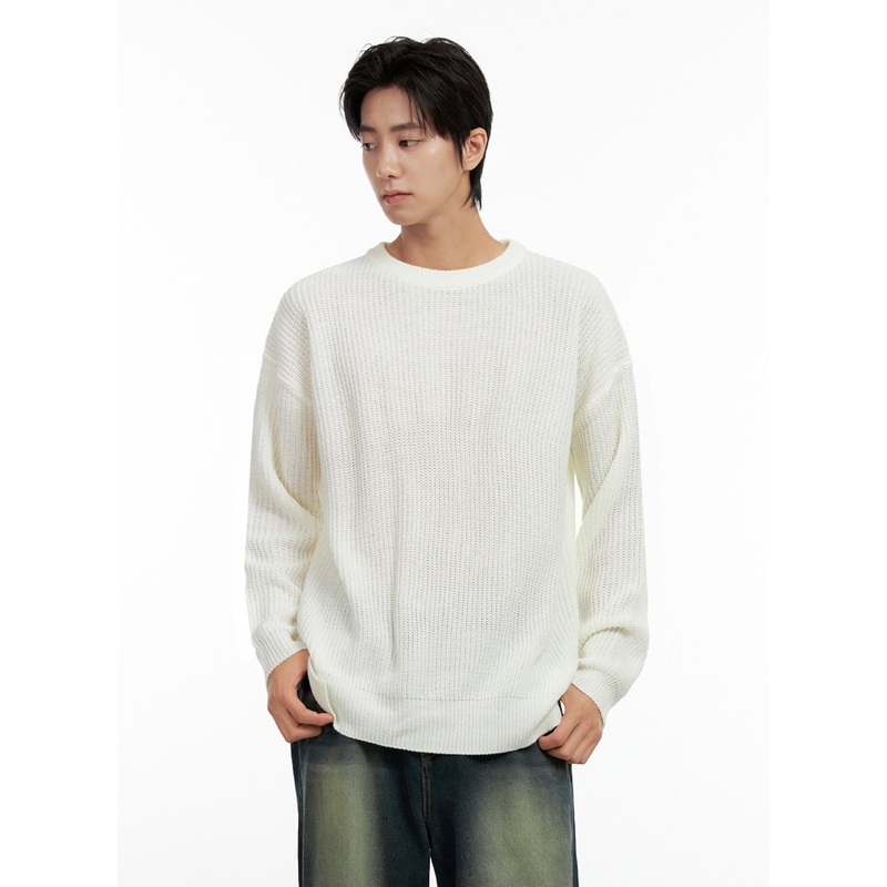 Men’s Solid Round Neck Sweater IN411 Light beige M/L