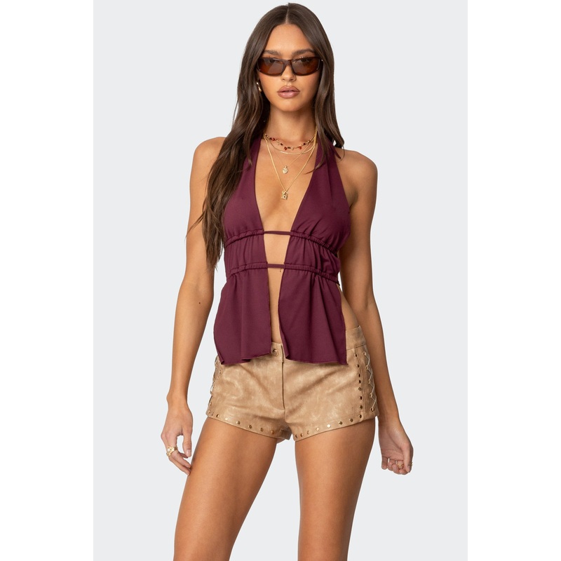 Nikole Split Front Backless Halter Top BURGUNDY XS