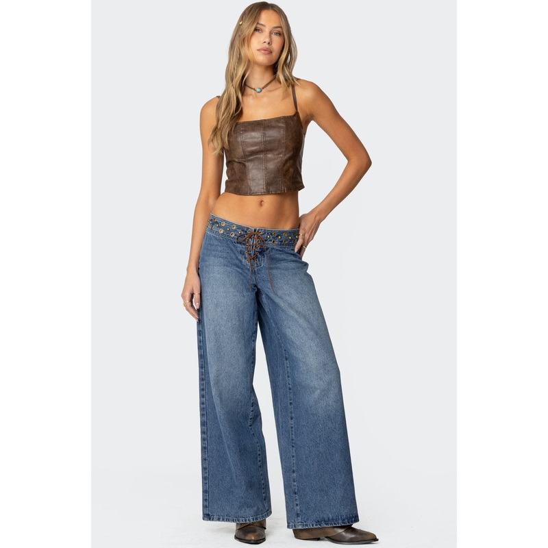 Stud & Grommet Low Rise Jeans BLUE WASHED XS