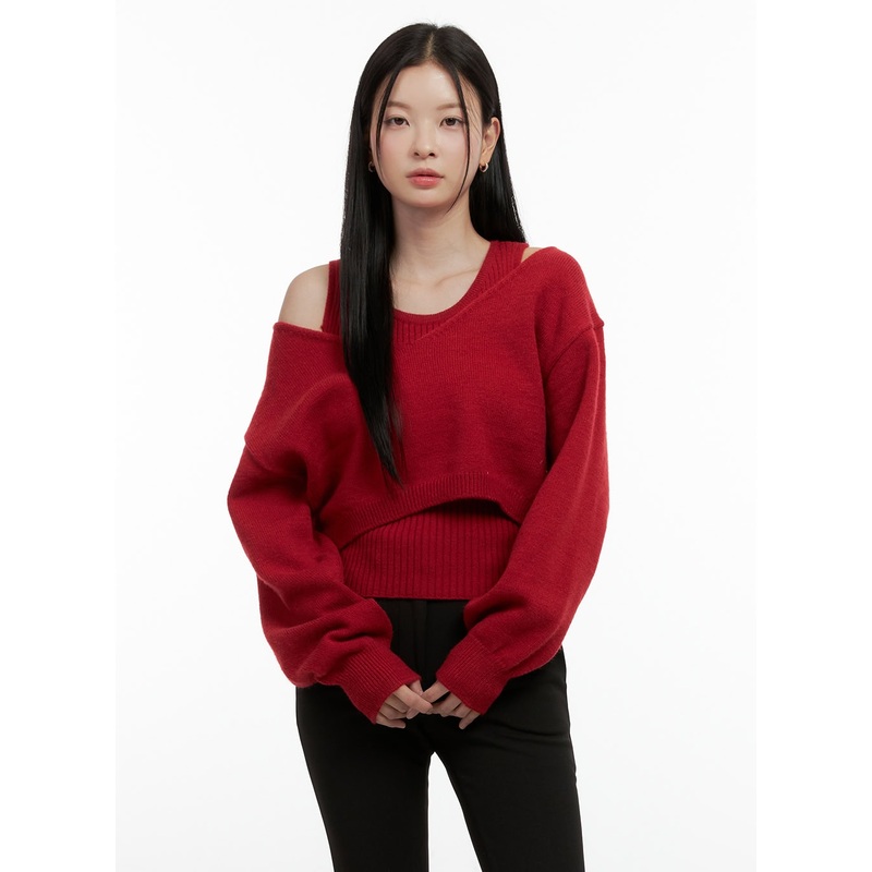 V-Neck Cropped Sweater ON408 Red S/M