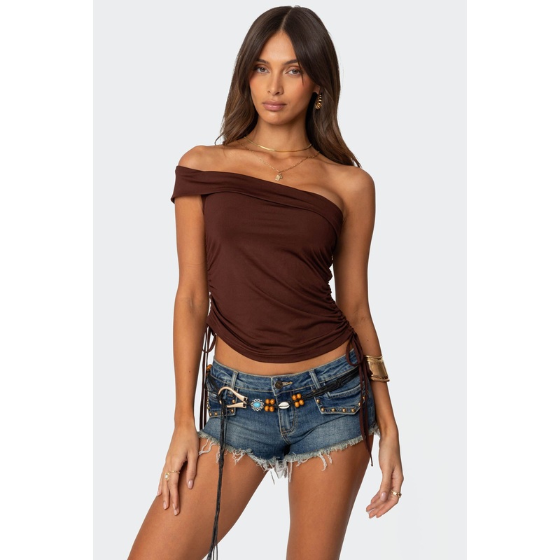Yafa Asymmetric Off Shoulder Top BROWN XS