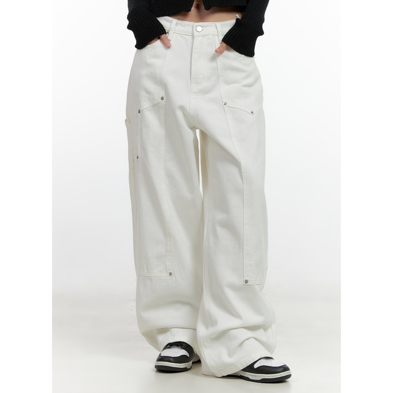 Stud Carpenter Wide Fit Cotton Pants CN412 White S