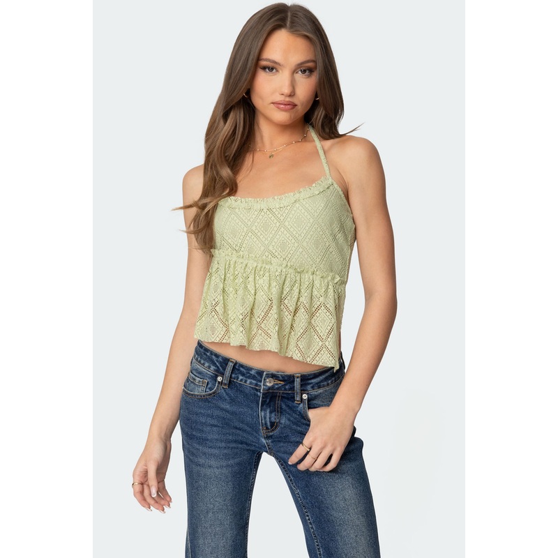 Asymmetric Sheer Lace Halter Top GREEN XS