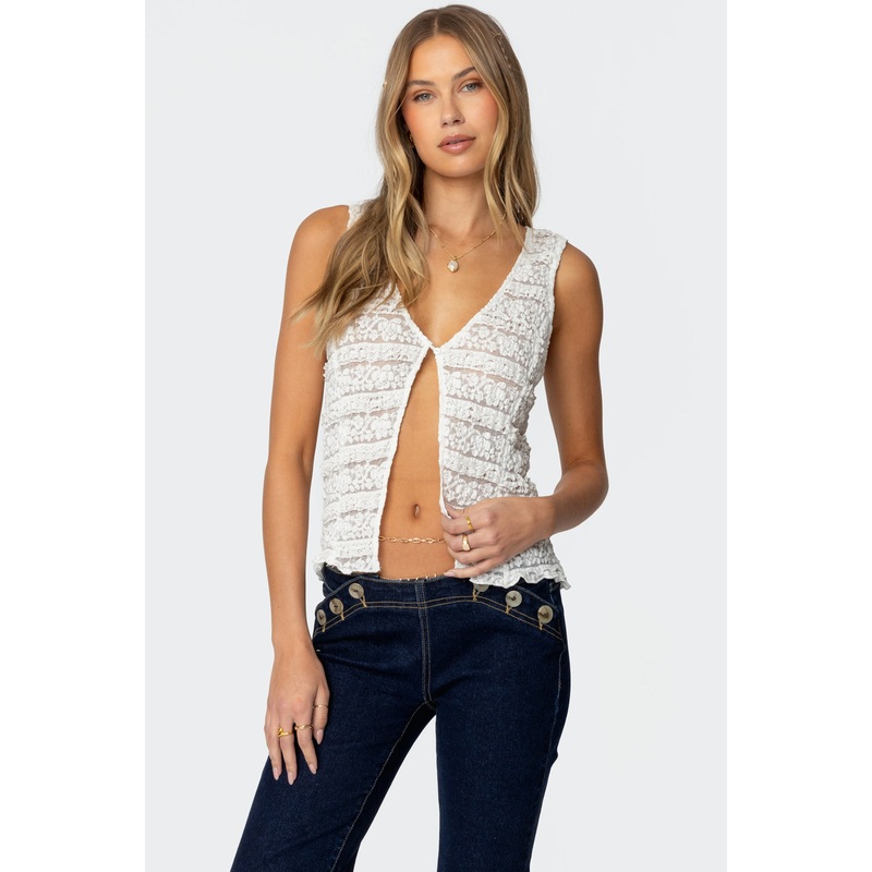 Evolet Sheer Lace Split Front Top WHITE XS