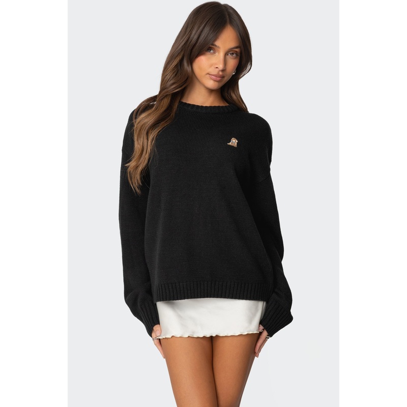 Puppy Love Embroidered Sweater BLACK XS