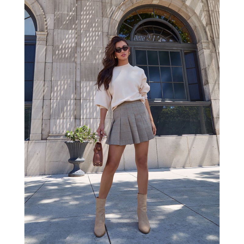 Reedley Pleated Plaid Mini Skirt Tan XS