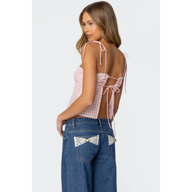 Billie Open Tie Back Gingham Top LIGHT PINK XS