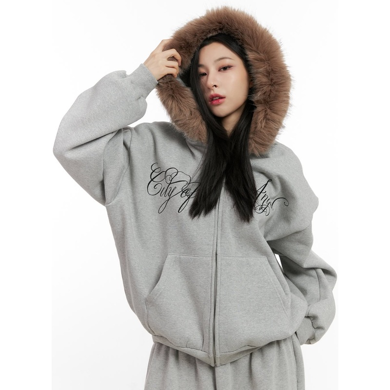 Chic Fur Zip-Up Hoodie CN416 Gray S/M